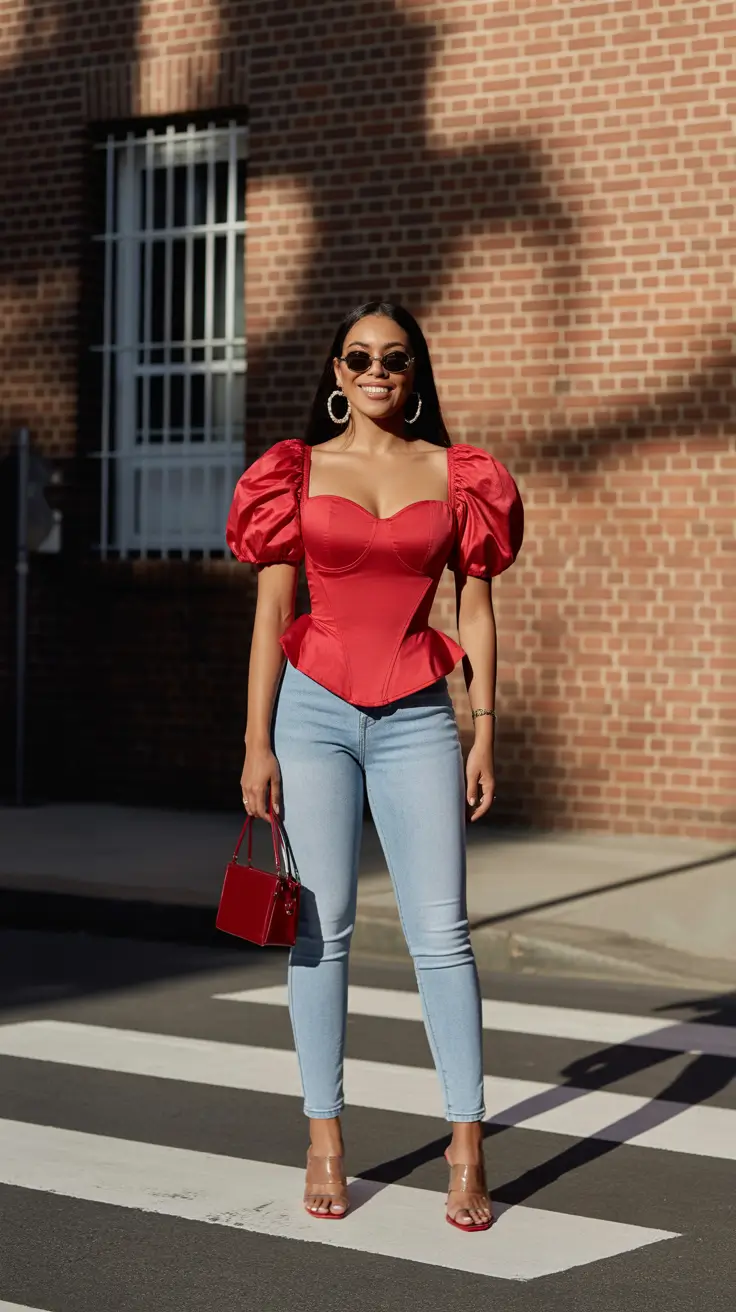 Trendy jeans outfits 2026 Red Satin Drama and Skinny Power