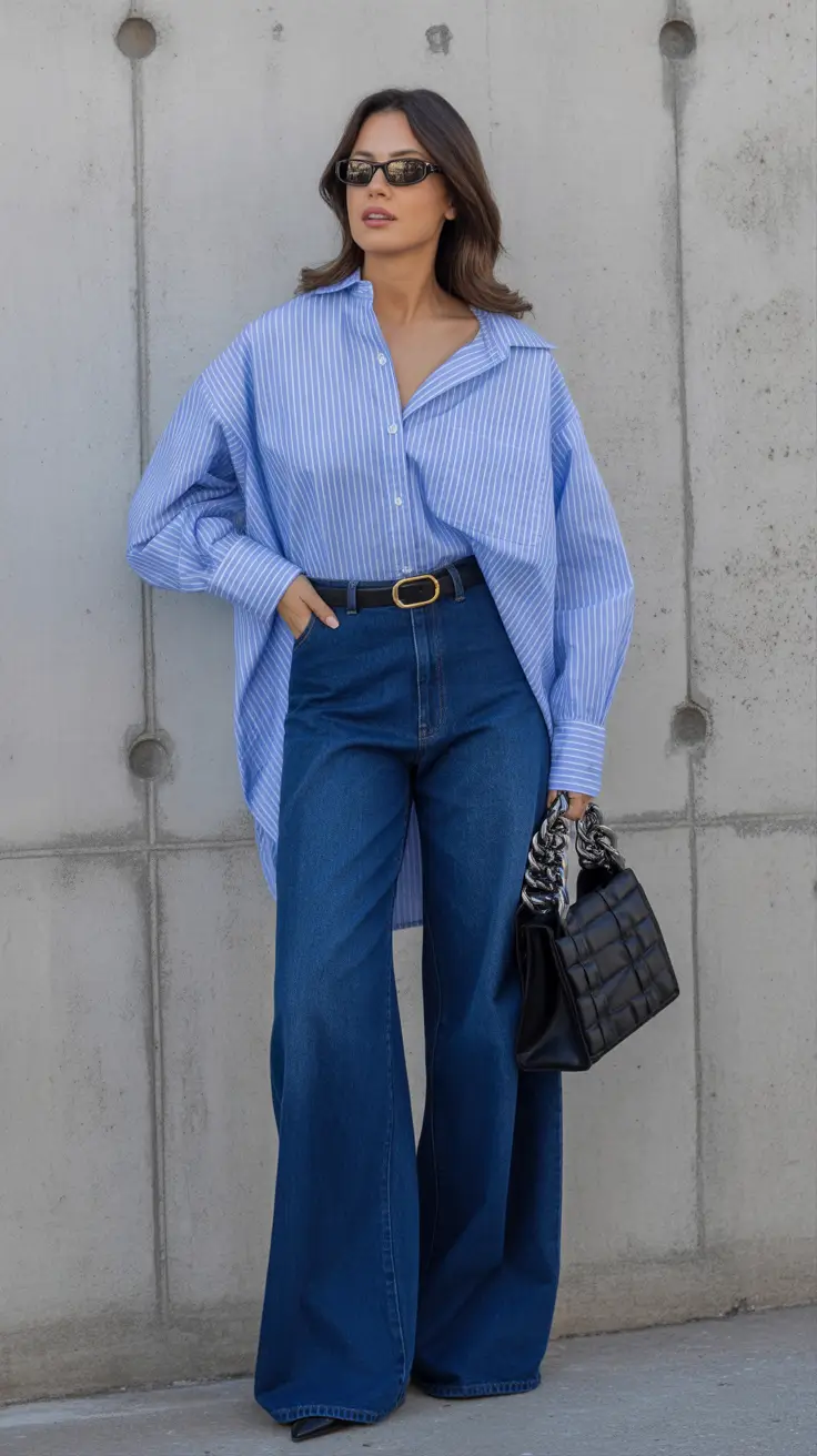 Trendy jeans outfits 2026 Structured Stripes and Wide-Leg Ease