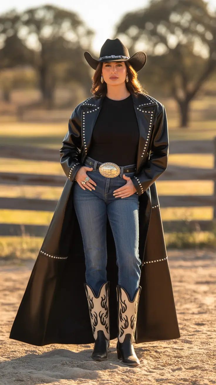 Trendy rodeo outfits 2026 Leather Dusters and Studded Power