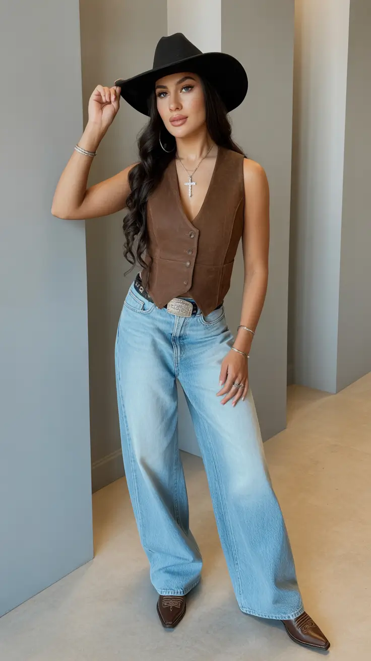 Trendy rodeo outfits 2026 Brown Suede and Blue Denim Ease