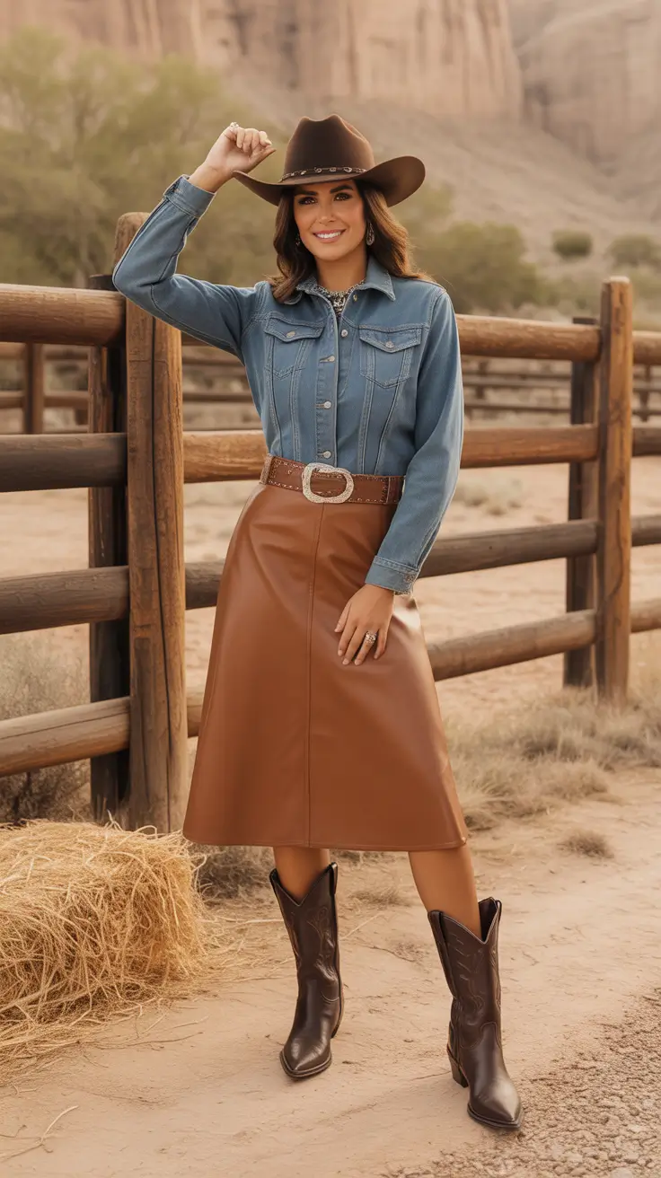 Trendy rodeo outfits 2026 Classic Denim and Caramel Leather