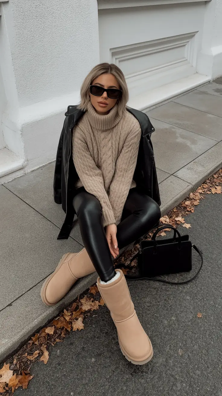 Trendy Ugg outfits 2026 Beige Knit & Leather Layers
