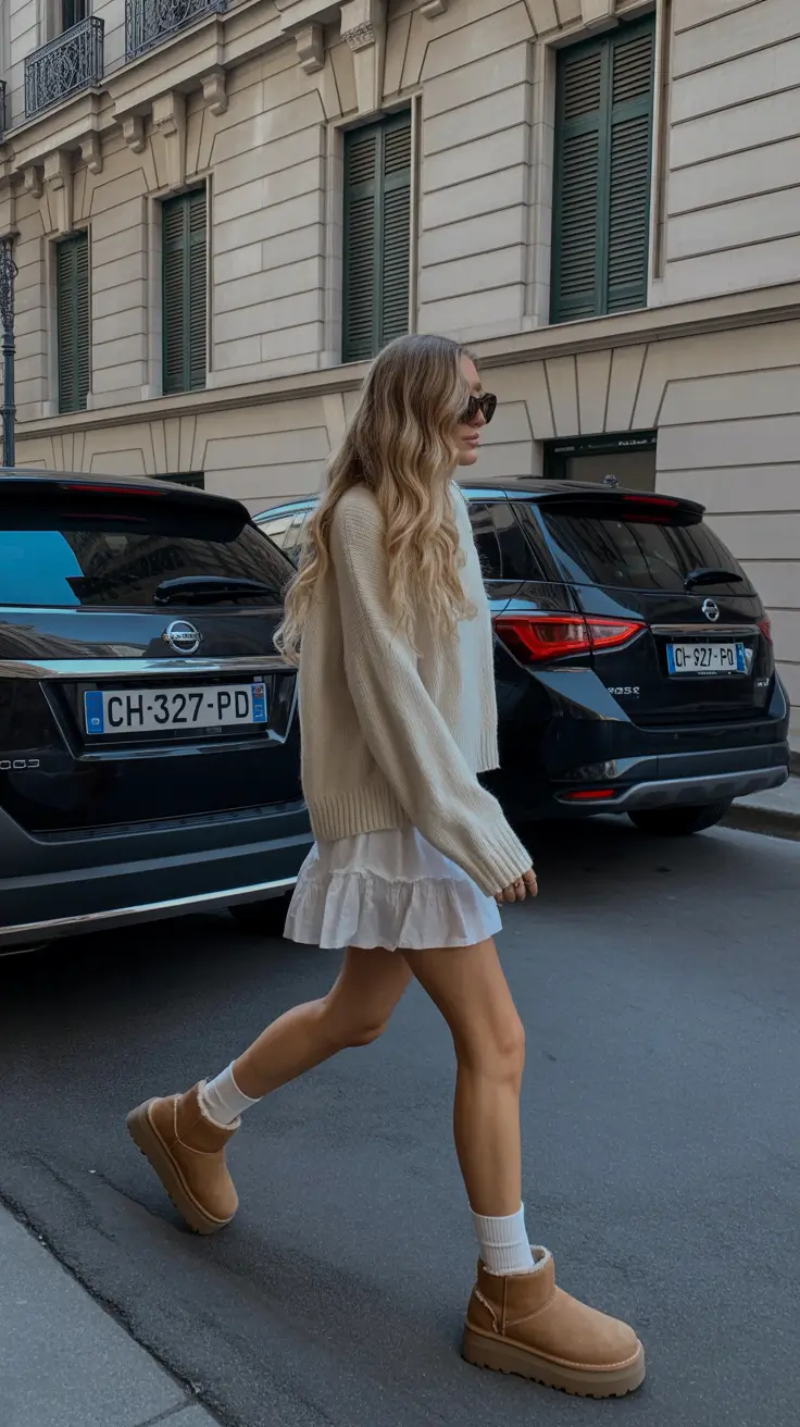 Trendy Ugg outfits 2026 White Sweater & Mini Dress