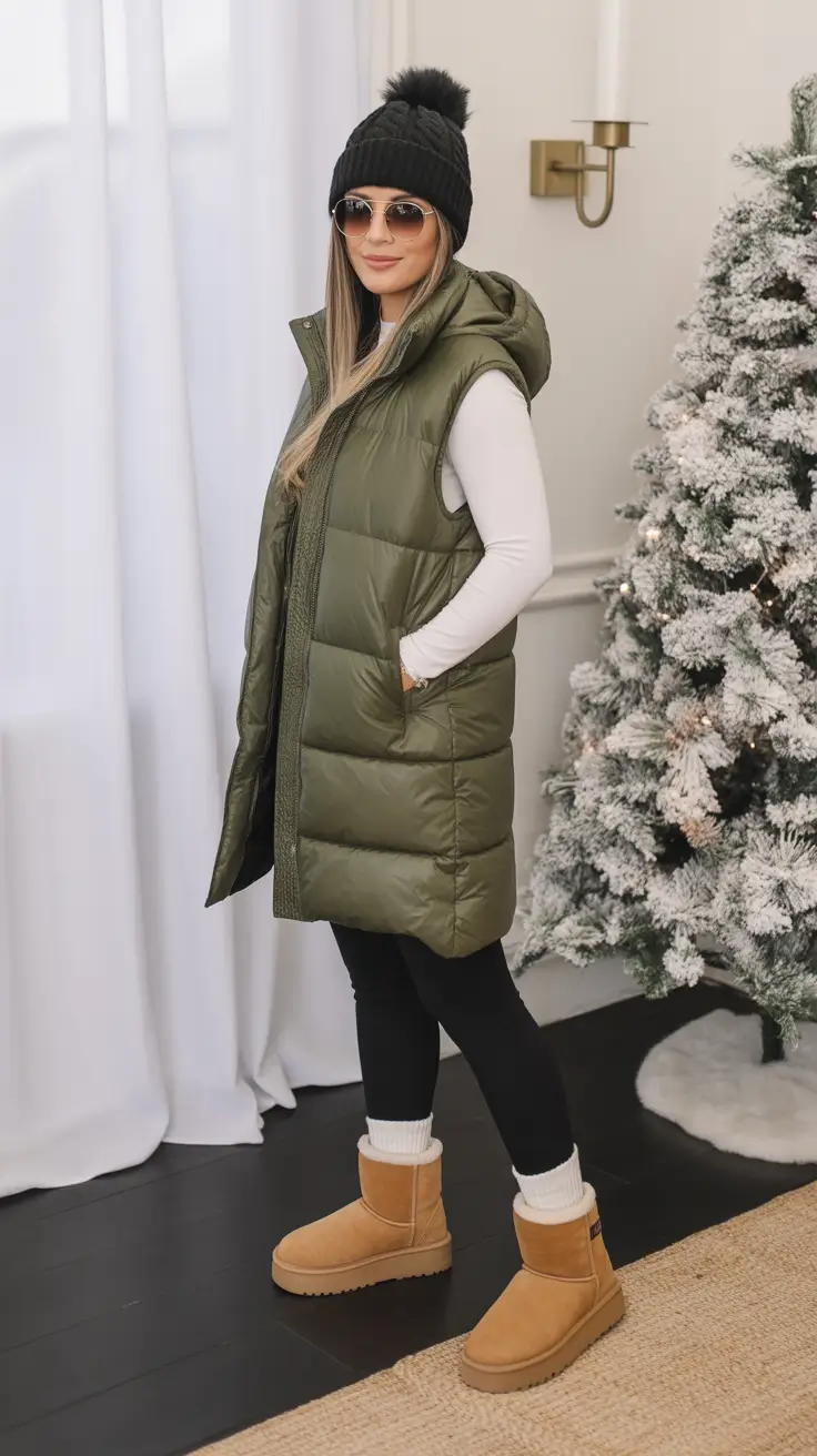 Trendy Ugg outfits 2026 Olive Puffer Vest & Leggings