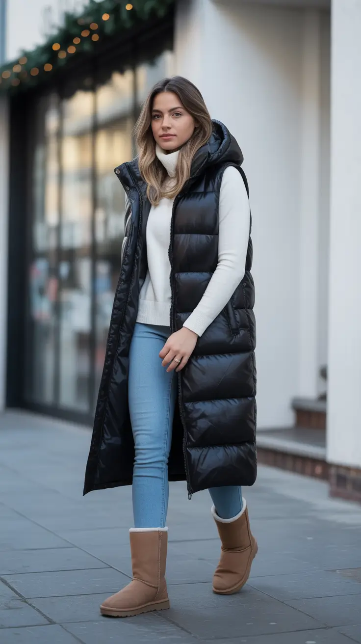 Trendy Ugg outfits 2026 Black Puffer & Skinny Jeans