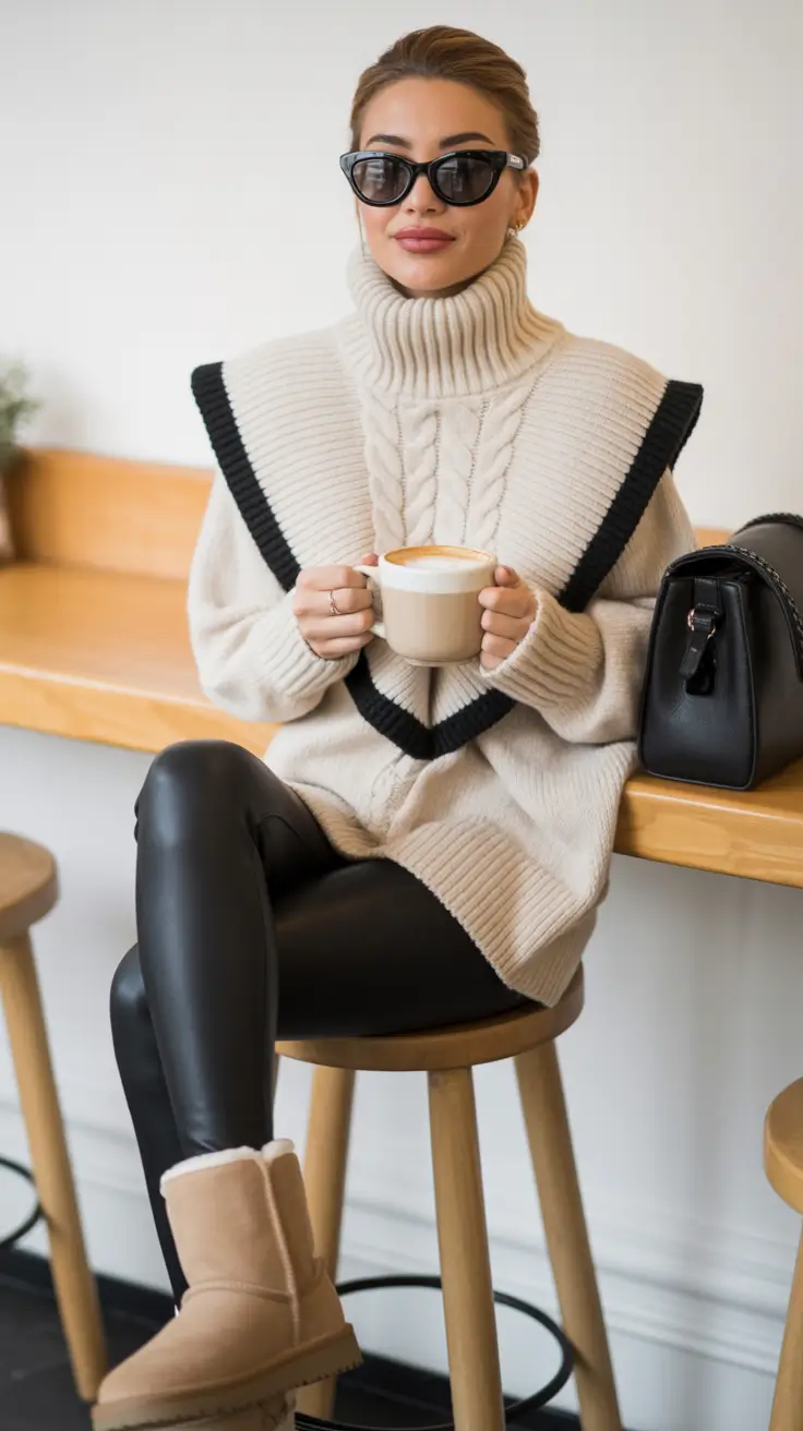 Trendy Ugg outfits 2026 Cream Turtleneck & Leather Leggings