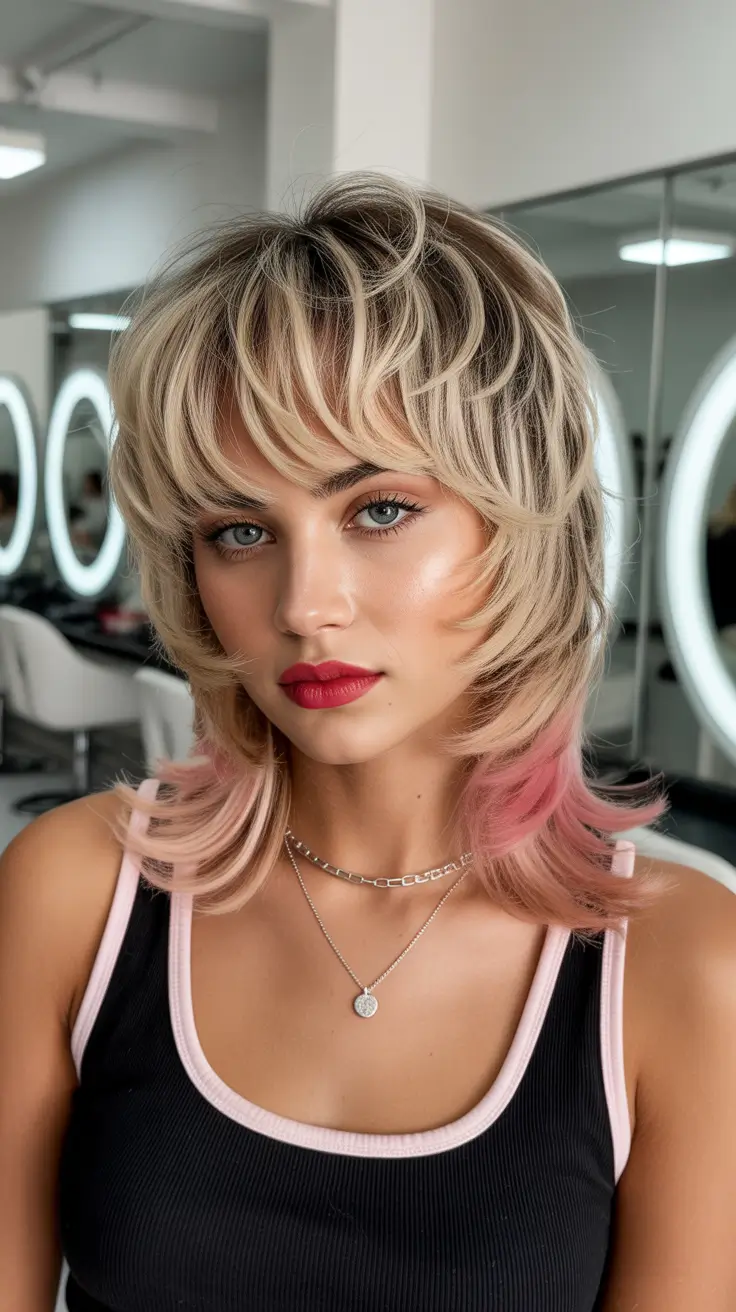 Trendy wolf haircut 2026 Pink-Tipped Golden Flow