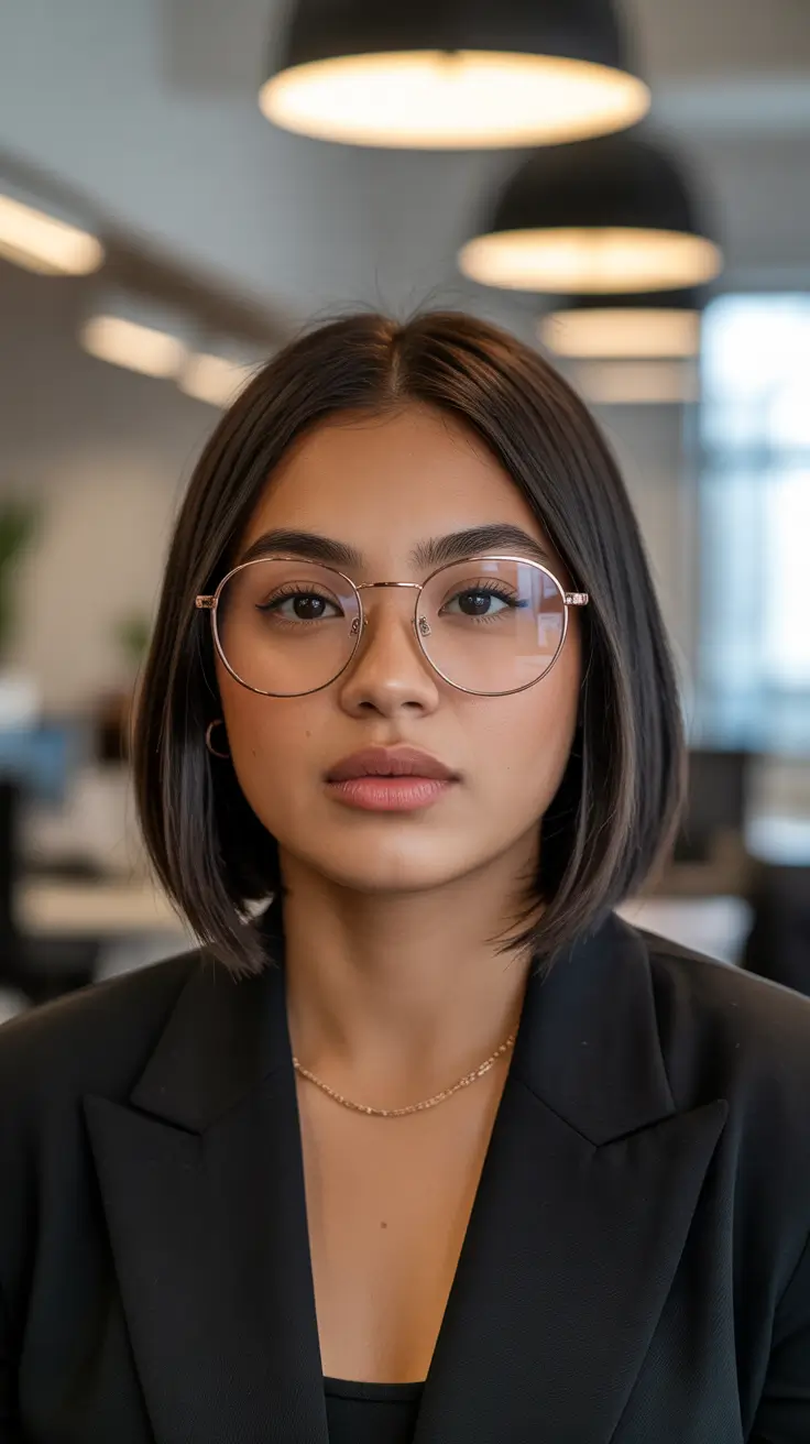 Best haircuts for chubby faces 2026 Refined Blunt Bob With Clean Parting