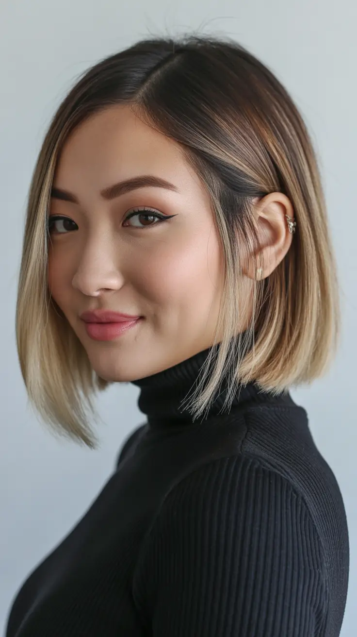 Best haircuts for chubby faces 2026 Warm Ombre Bob With Light-Focused Edges
