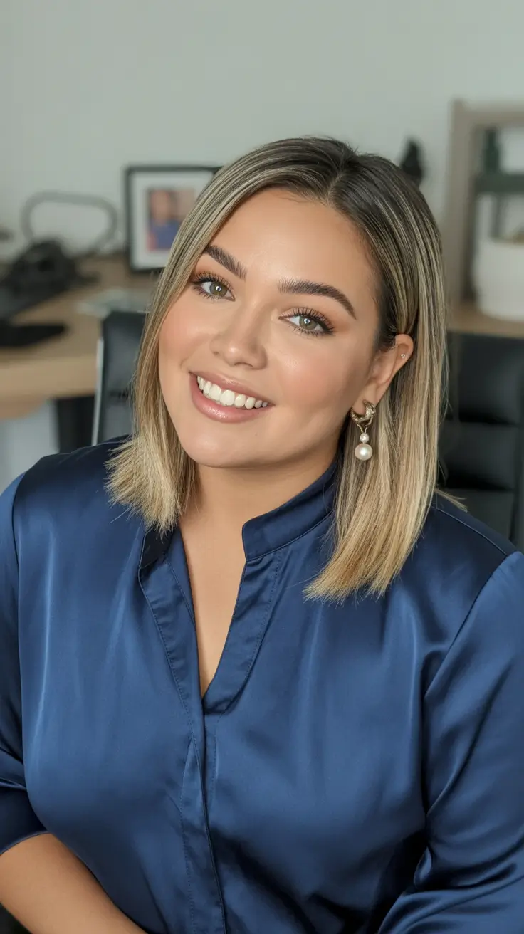 Best haircuts for chubby faces 2026 Polished Mid-Length Bob With Subtle Brightening Highlights