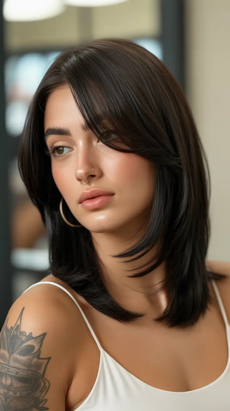 Best haircuts for chubby faces 2026 Layered Midi Cut With Feathered Curtain Fringe