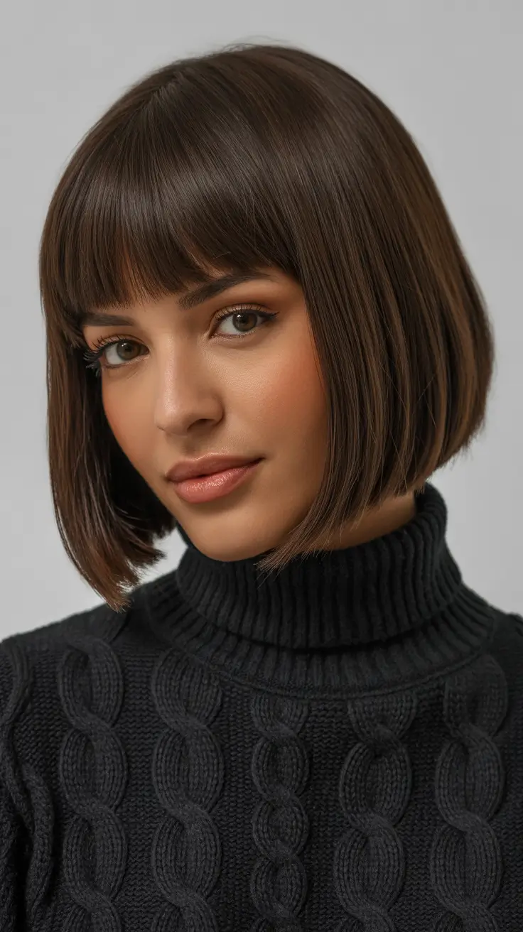 Best haircuts for chubby faces 2026 Structured Chin-Length Bob With Refined Full Fringe
