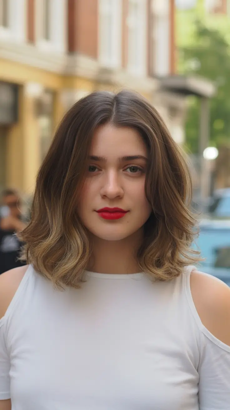 Best haircuts for chubby faces 2026 Soft Shoulder Waves With Sunlit Dimension