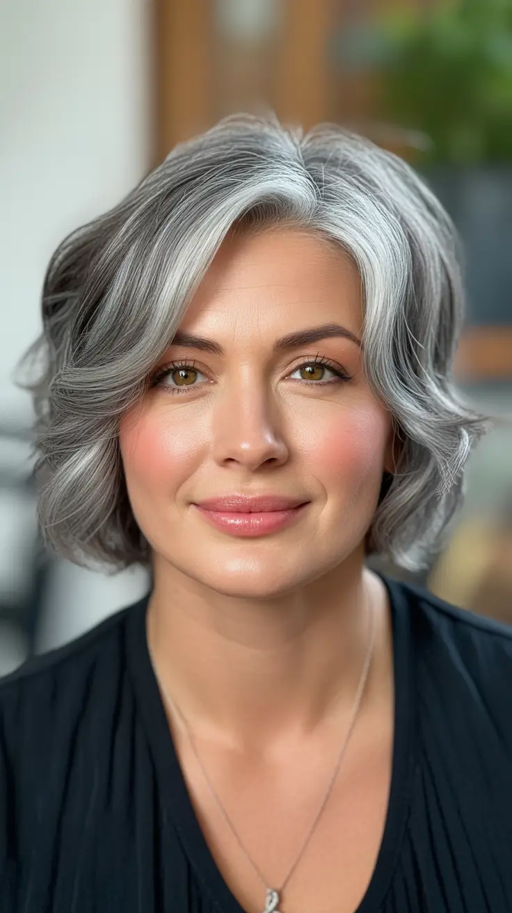Best haircuts for chubby faces 2026 Layered Silver Bob With Youthful Lift