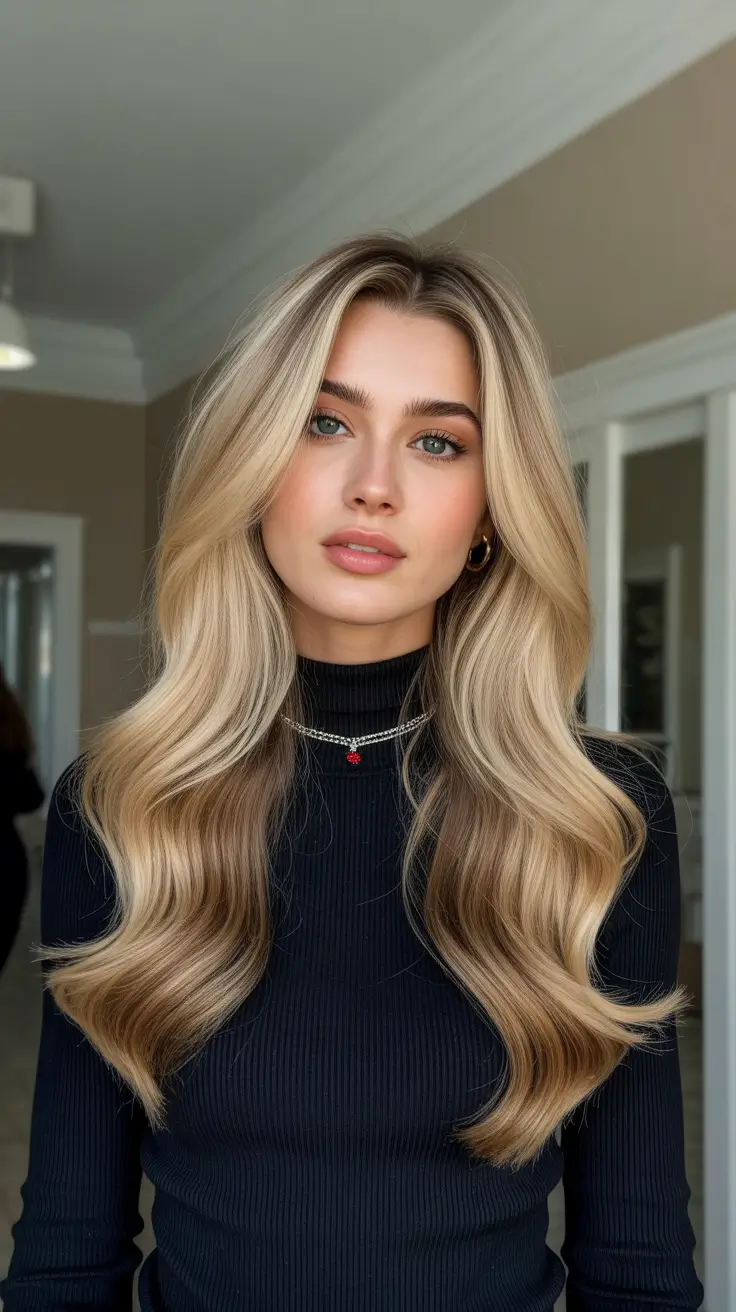 Best haircuts for long hair 2026 Layered Blonde Waves with Curtain Bangs