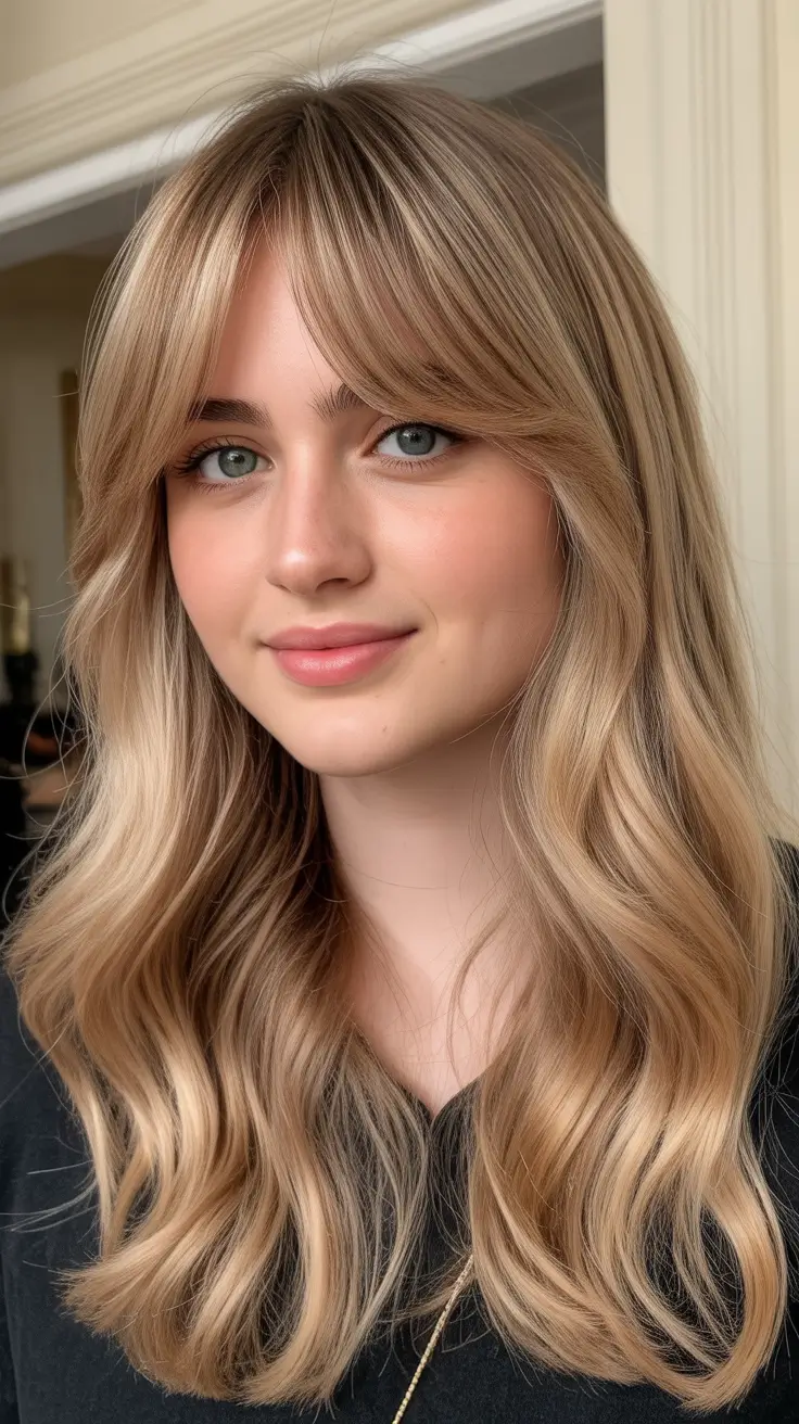 Best haircuts for round faces 2026 Golden Waves with Soft Curtain Bangs