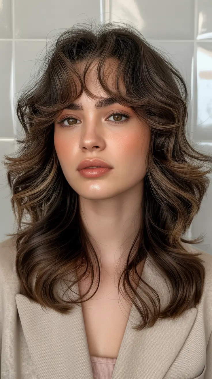 Best haircuts for round faces 2026 Layered Curtain Bangs with Volume