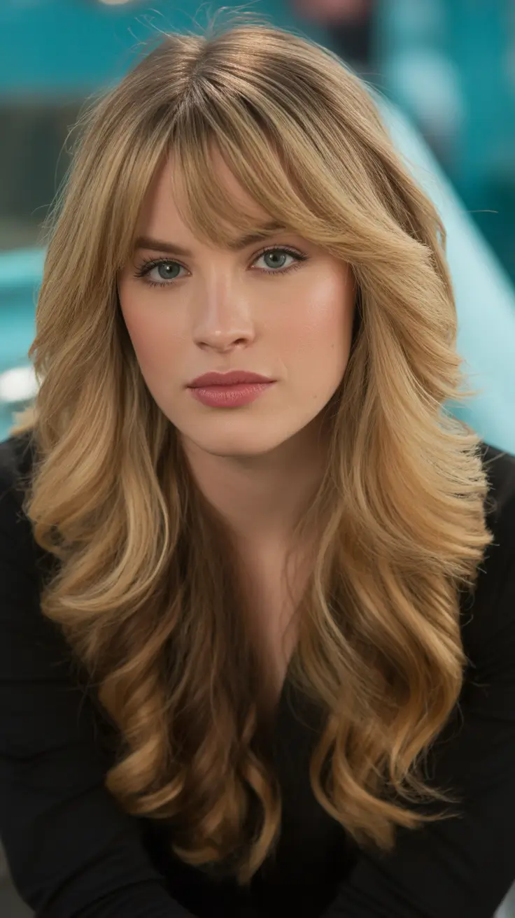 Best haircuts for round faces 2026 Golden Layers with Full Bangs