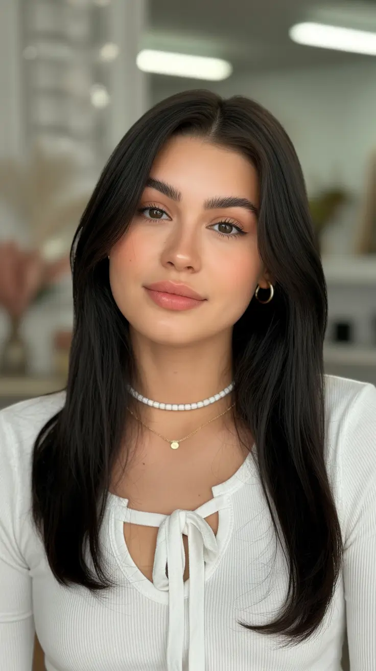 Best haircuts for round faces 2026 Classic Long Layers with Polished Shine