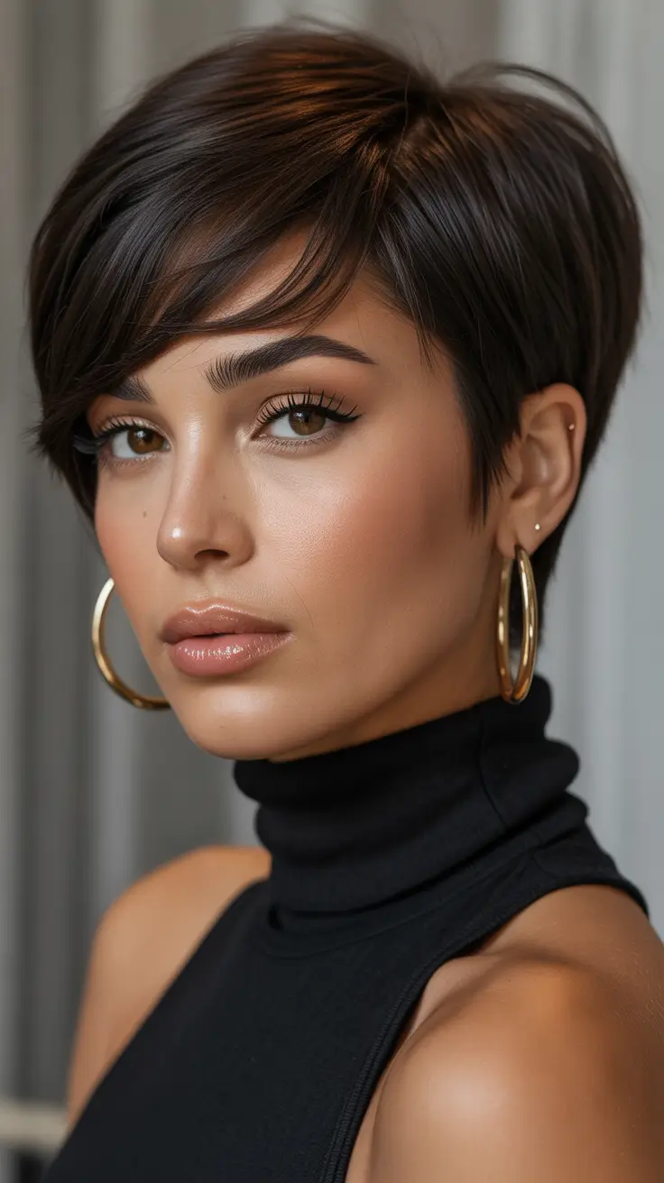Best short haircuts for women 2026 Glossy Brunette Italian Pixie With Side-Swept Fringe