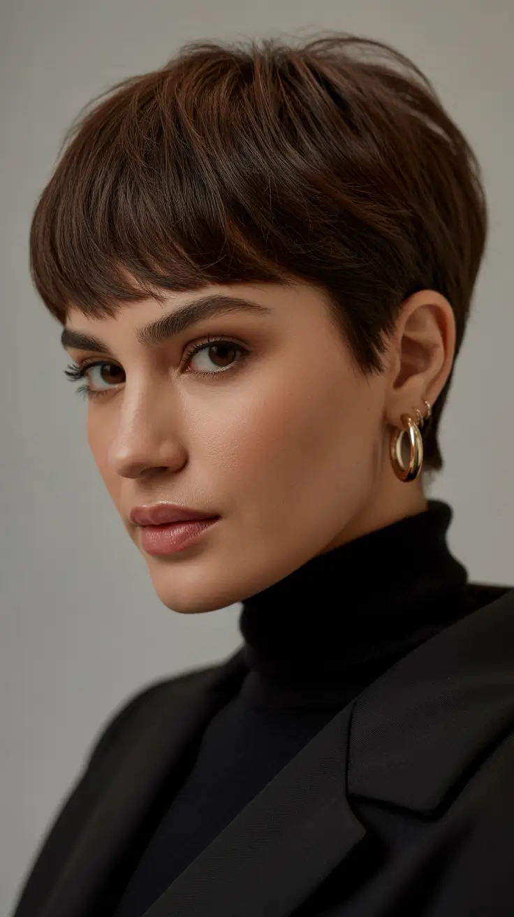 Best short haircuts for women 2026 Rich Cocoa Pixie With Soft Micro Fringe