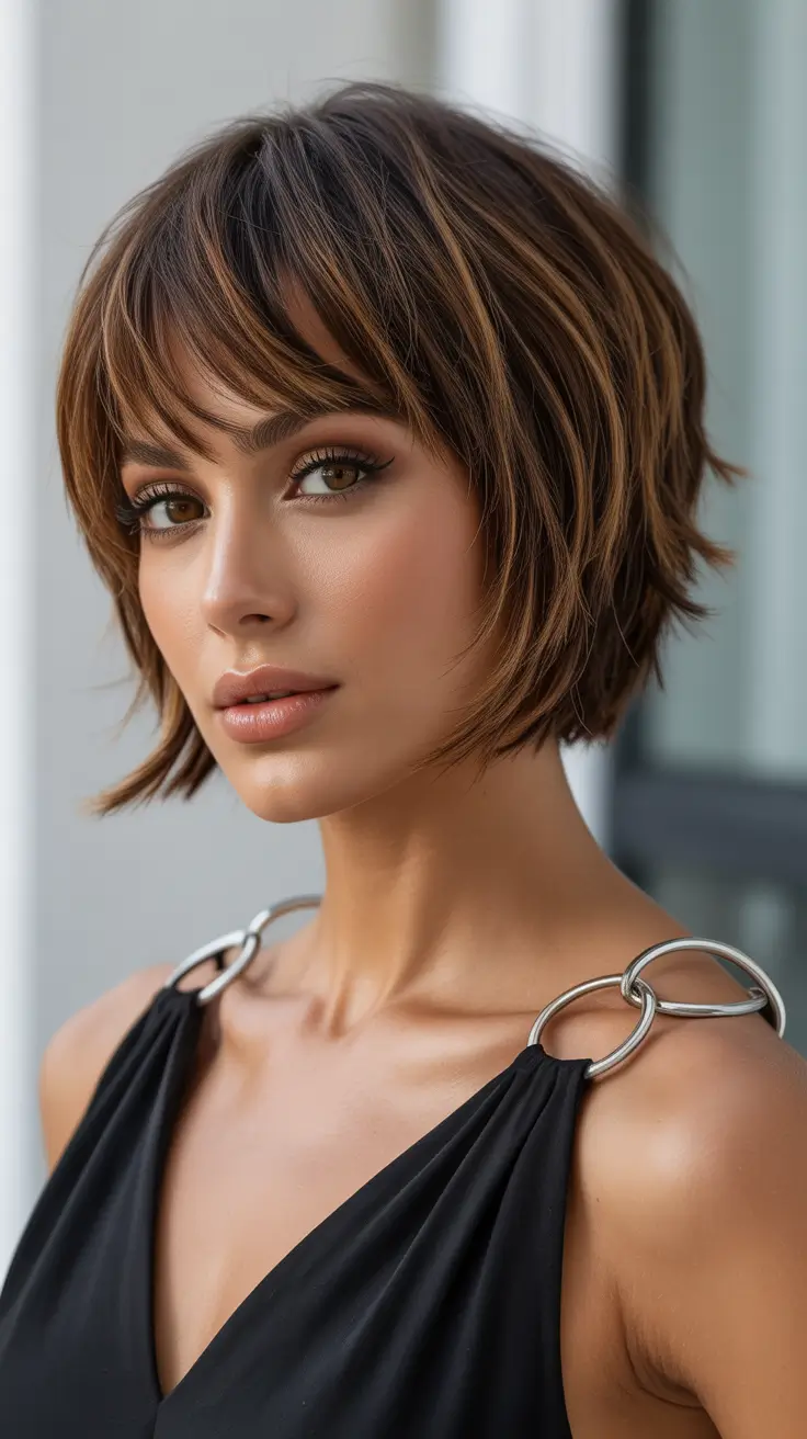 Best short haircuts for women 2026 Textured Brunette Bob With Fringe and Soft Layers