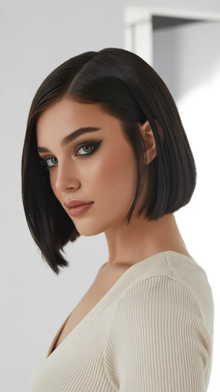 Best short haircuts for women 2026 Sharp Espresso Sleek Bob With Side Part
