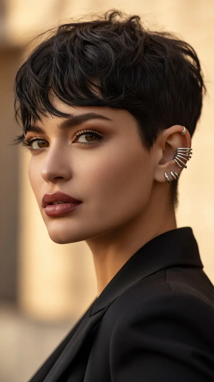 Best short haircuts for women 2026 Choppy Dark Pixie With Crown Texture