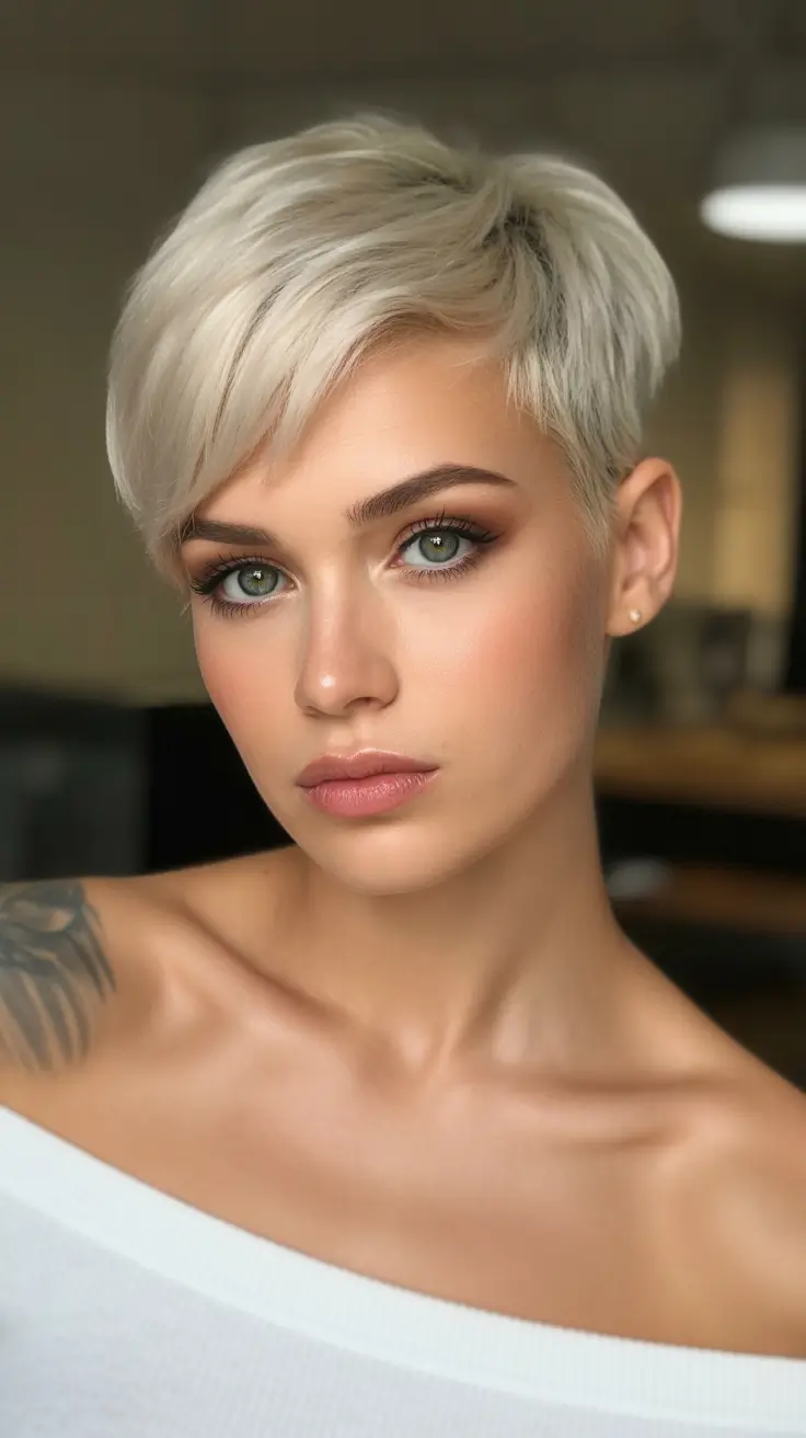 Best short haircuts for women 2026 Platinum Pixie With Long Top Layers
