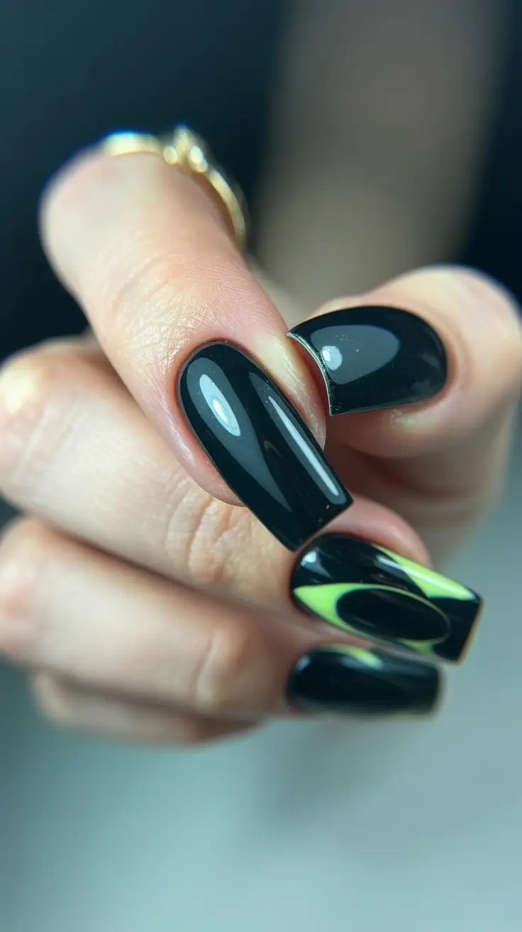 black nails trend 2026 Modern Gloss With Neon Energy