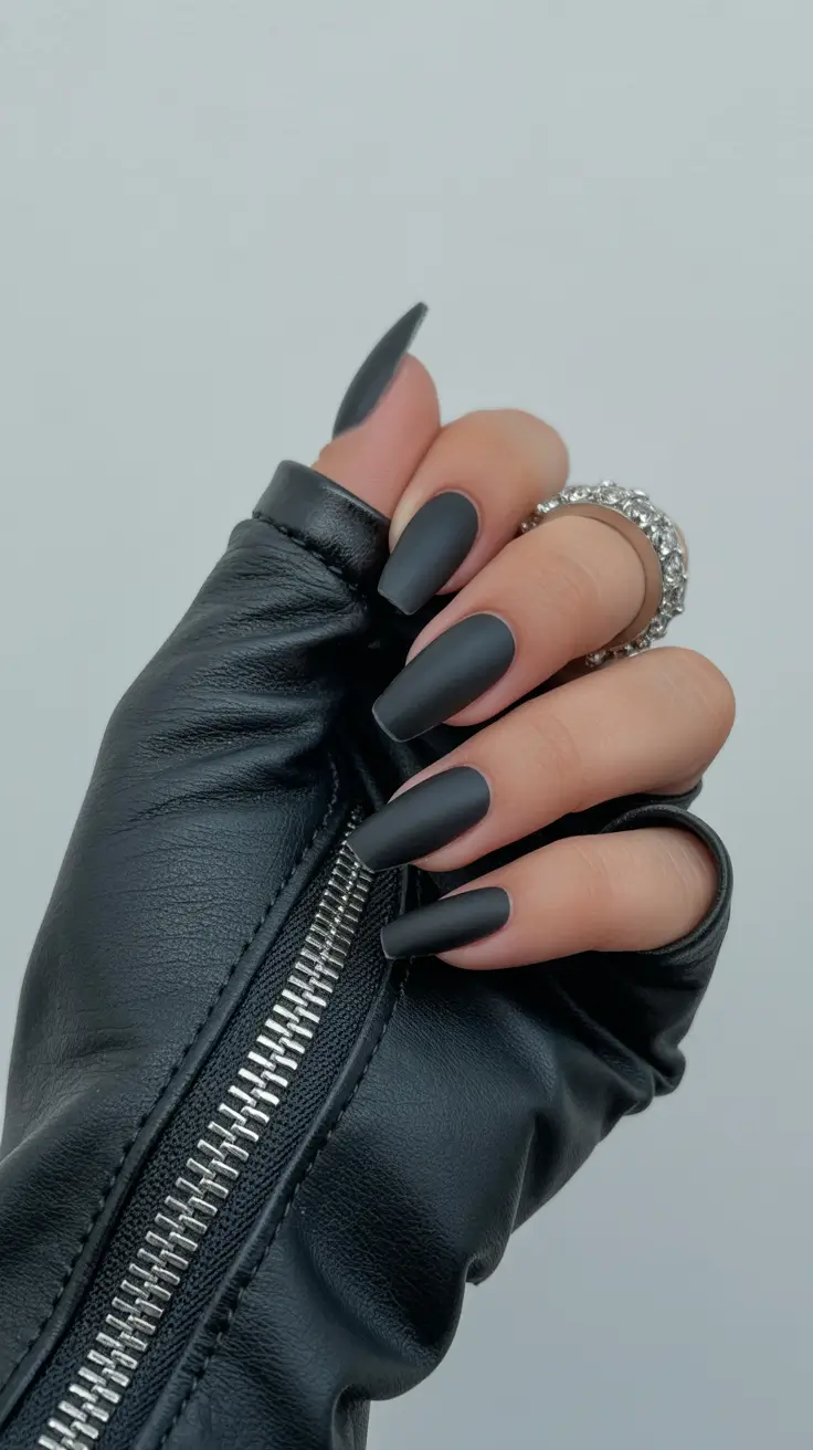black nails trend 2026 Matte Leather-Inspired Black Squares