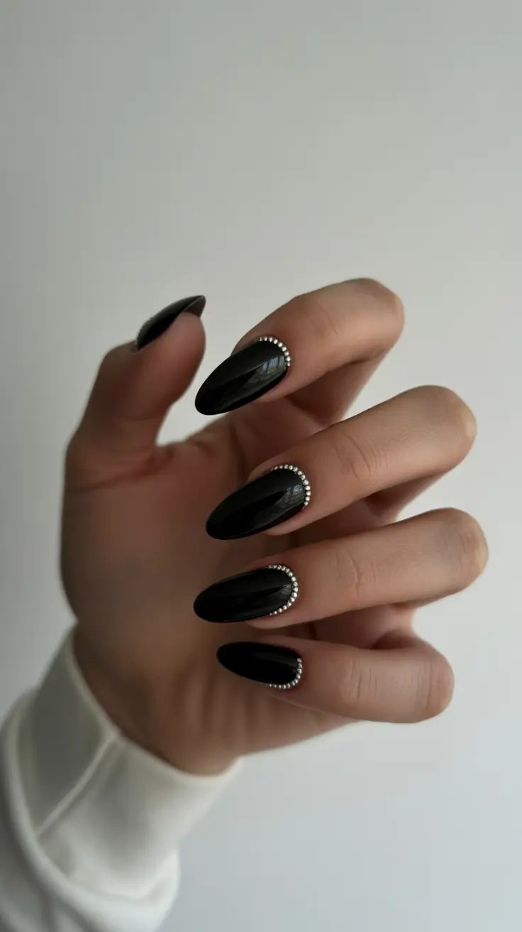 black nails trend 2026 Gem-Cut Shine With Delicate Beaded Accents