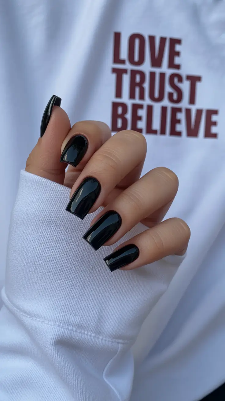 black nails trend 2026 Classic Glossy Squares With Timeless Minimalism