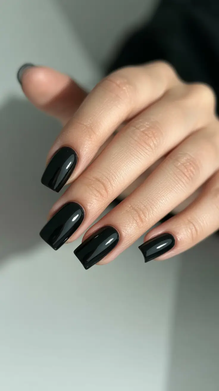 black nails trend 2026 Gloss-Perfect Black With Soft Square Precision