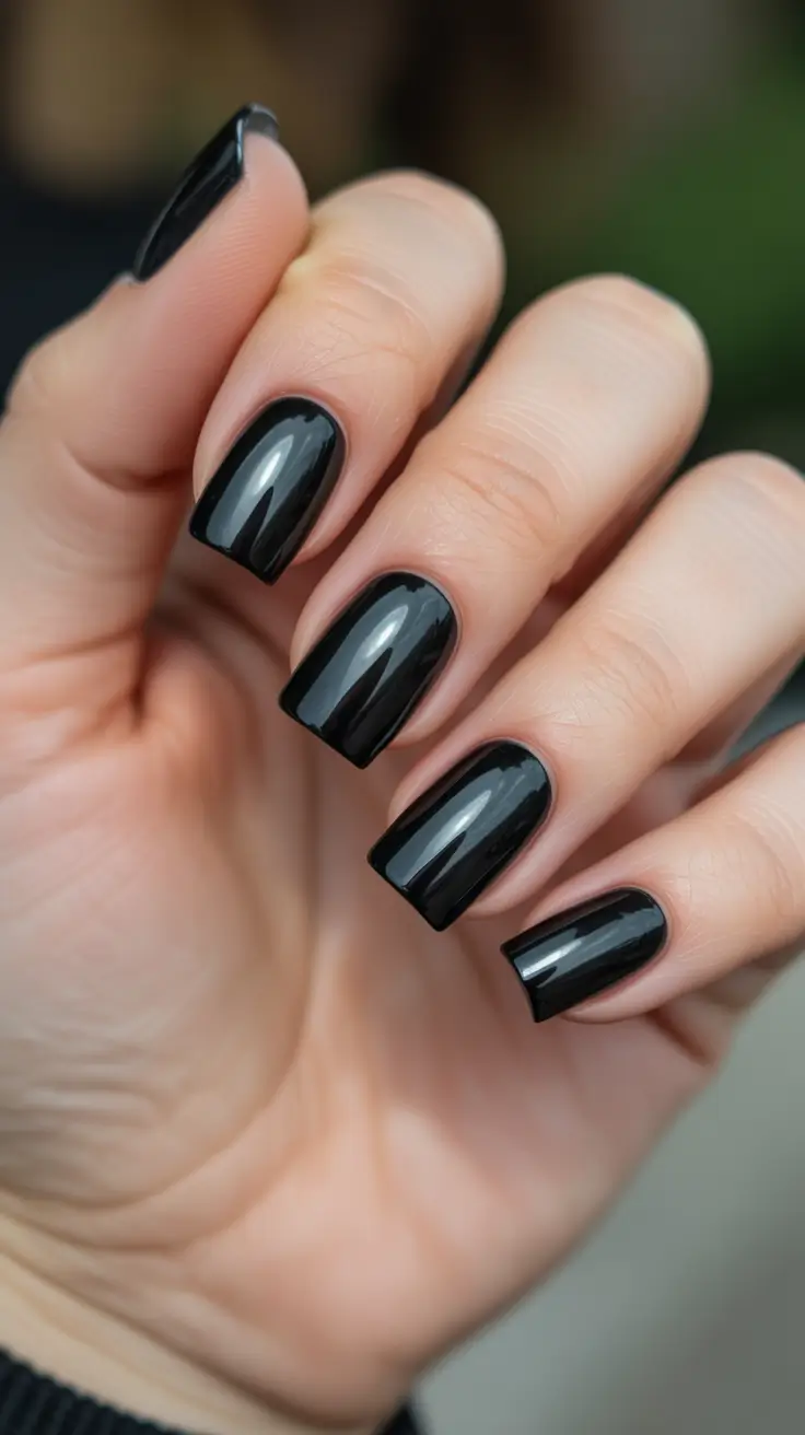 black nails trend 2026 Ultra-Gloss Black Squares With Sculpted Depth