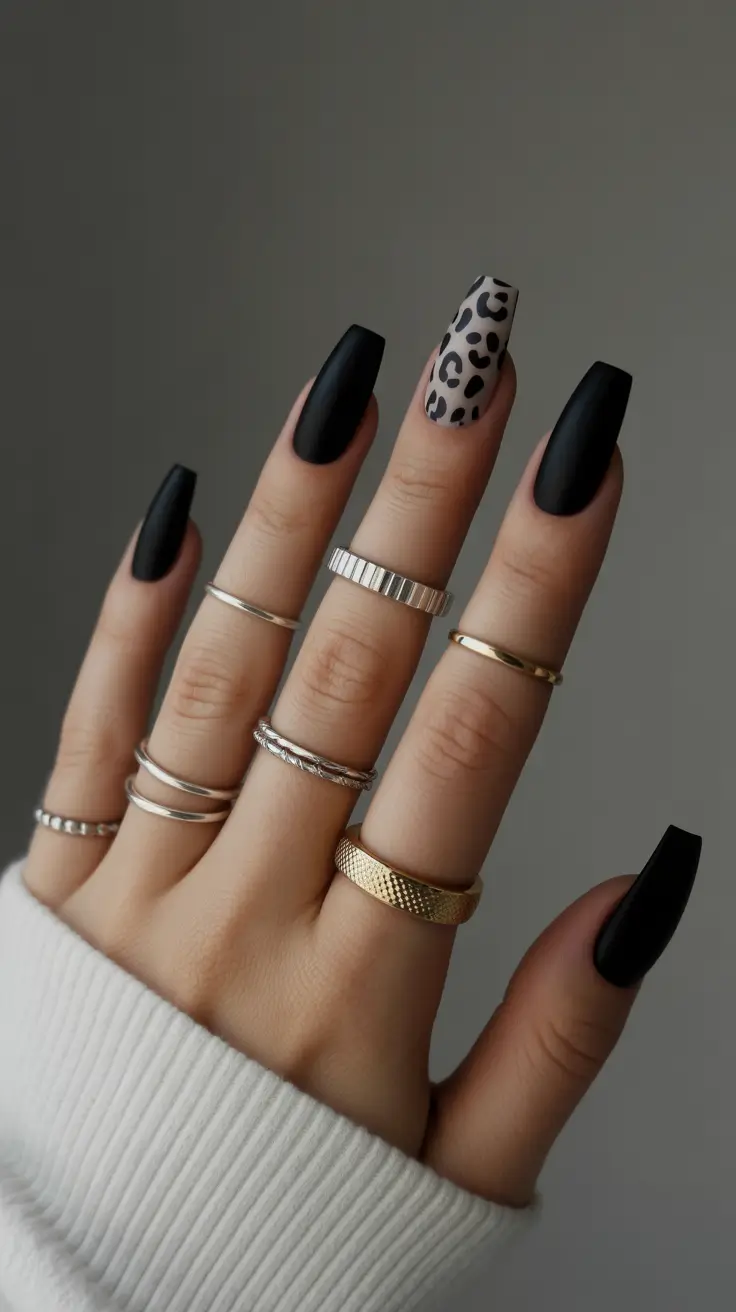 black nails trend 2026 Matte Black Elegance With Leopard Accent