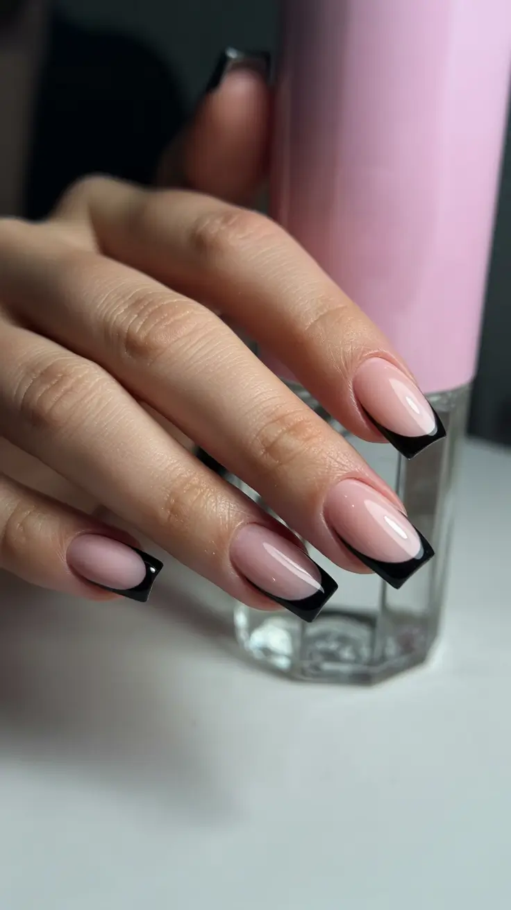 black nails trend 2026 Soft Nude Contrast With Sharp Black French Tips
