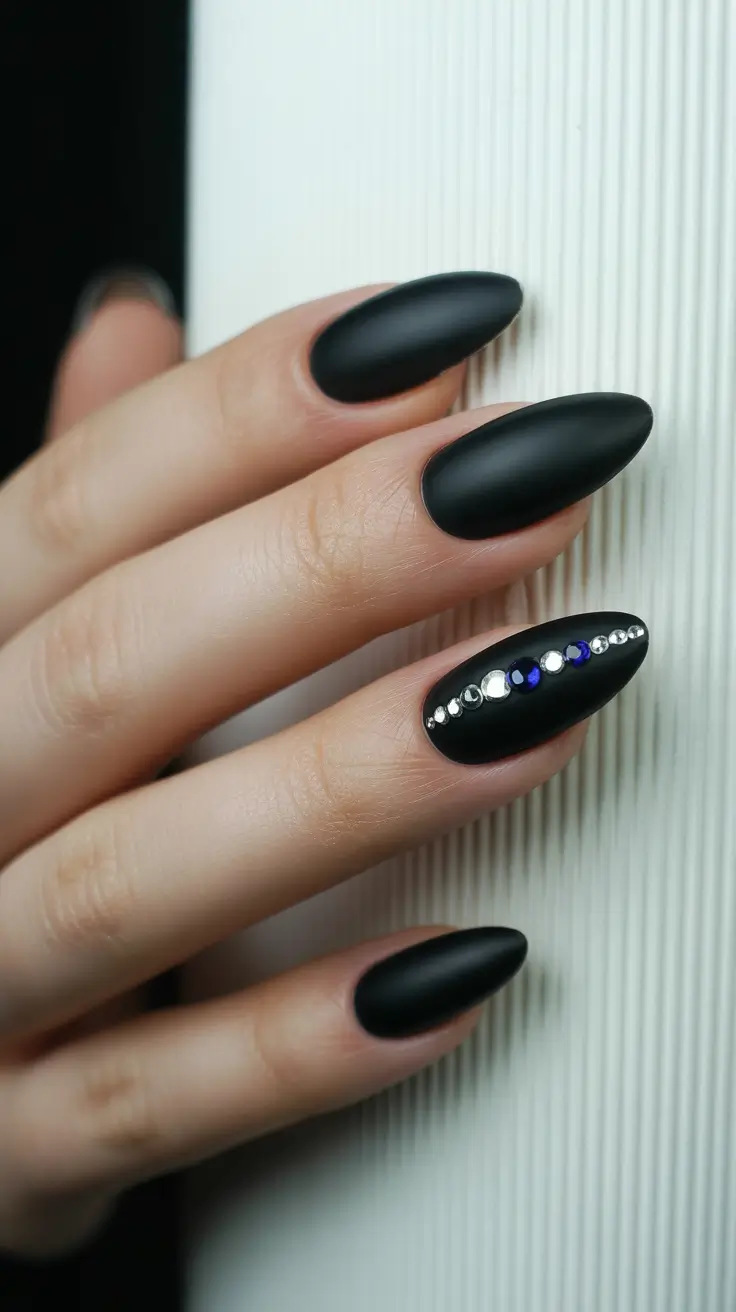 black nails trend 2026 Velvet Black Almonds With Crystal Linework