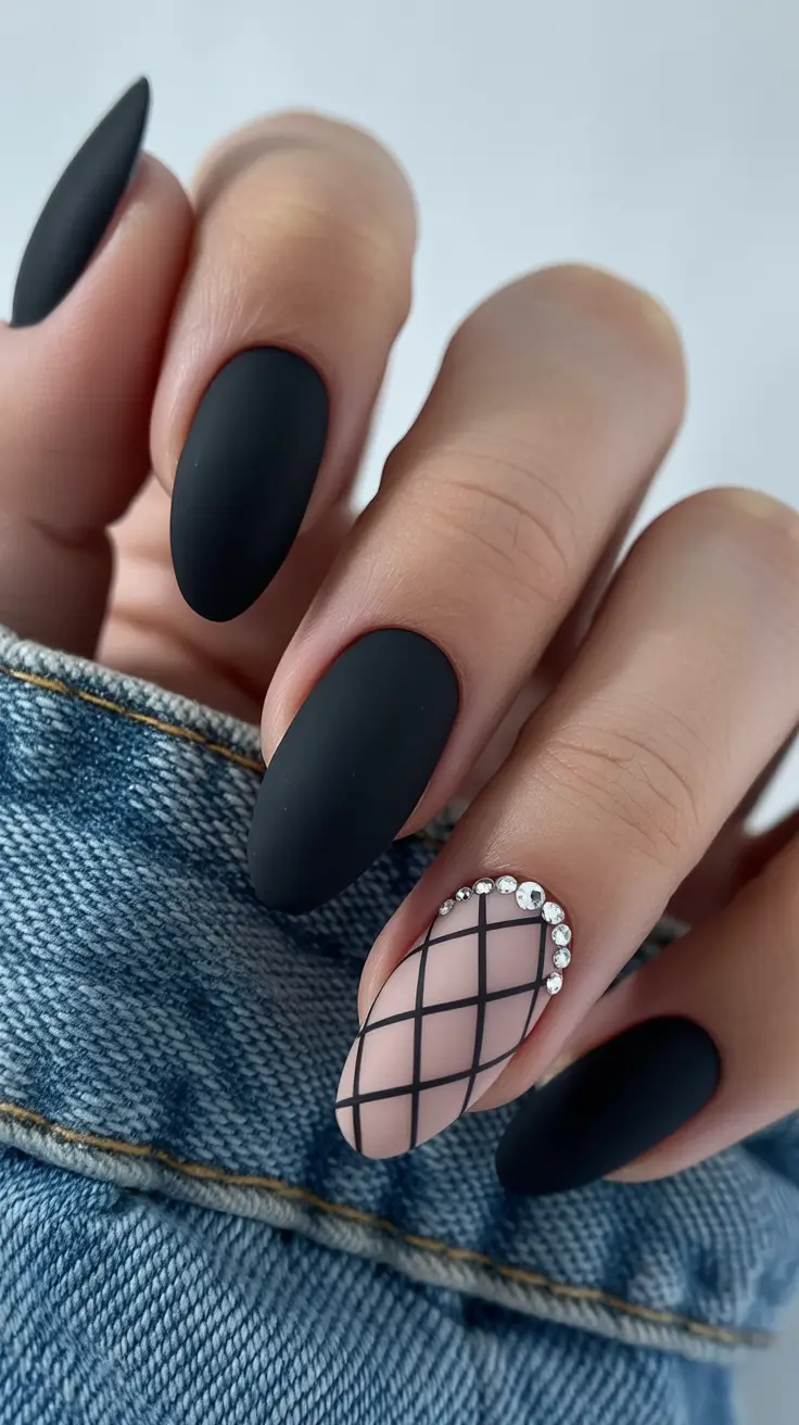 black nails trend 2026 Matte Minimalism With Gridded Accent & Crystal Halo