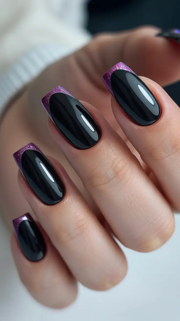 black nails trend 2026 Purple-Tinted French Twist on Glossy Black