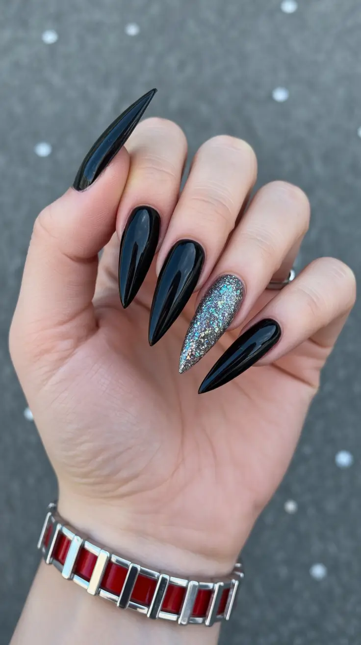 black nails trend 2026 Ultra-Long Drama With Sparkle Accent