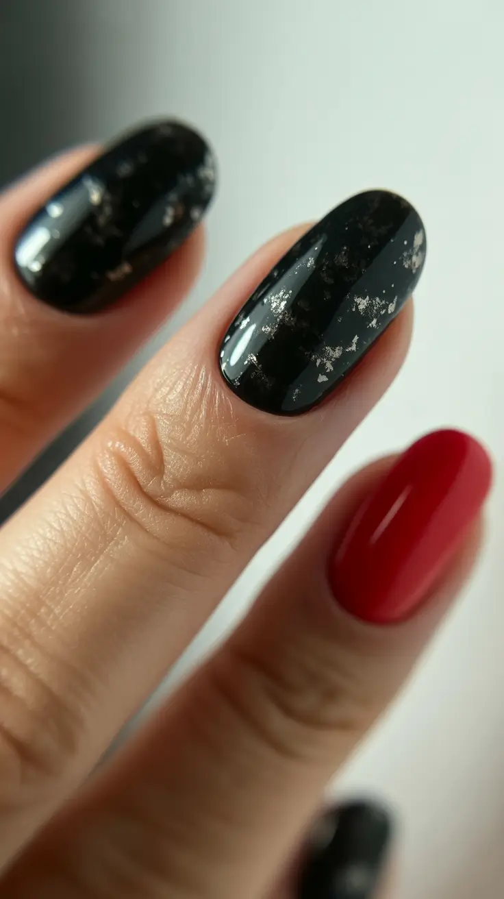 black nails trend 2026 Galaxy Black With Silver Flakes and Bold Red Contrast