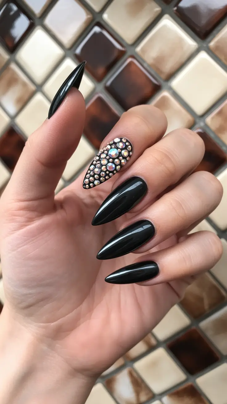 black nails trend 2026 Crystal-Studded Almond Luxe