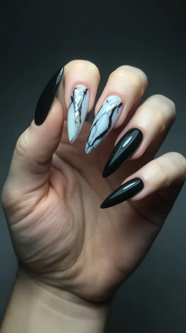 black nails trend 2026 Marble Contrast With Sculpted Black Shine