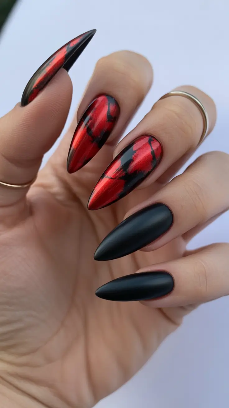 black nails trend 2026 Red Chrome Heat With Matte Black Flow