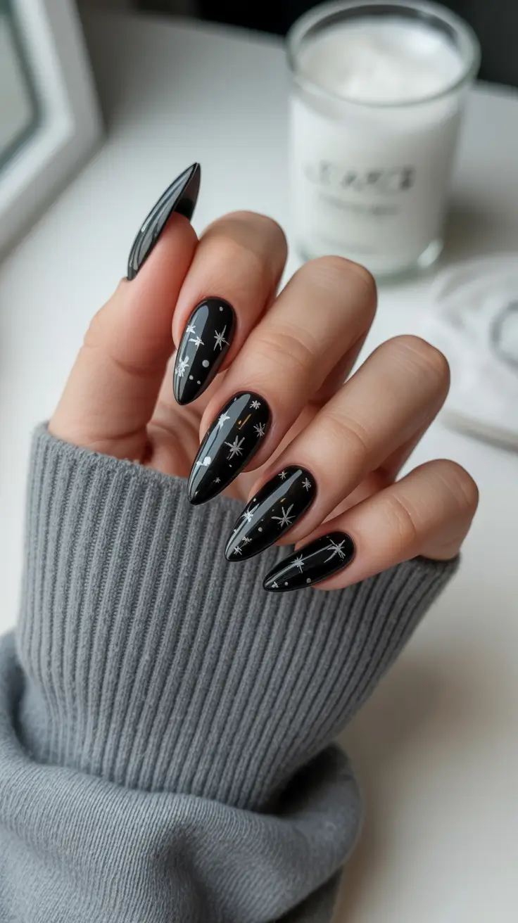black nails trend 2026 Starlit Minimalism On Almond Black