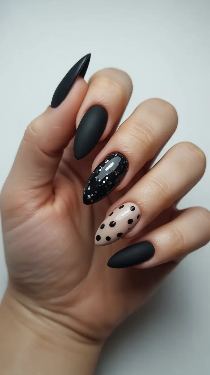 black nails trend 2026 Matte Black With Playful Polka Contrast