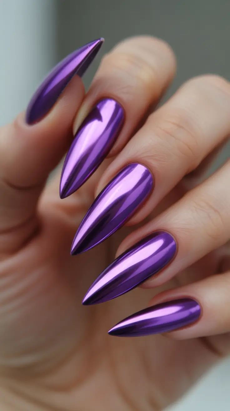 chrome nails 2026 Vibrant Purple Chrome Stilettos