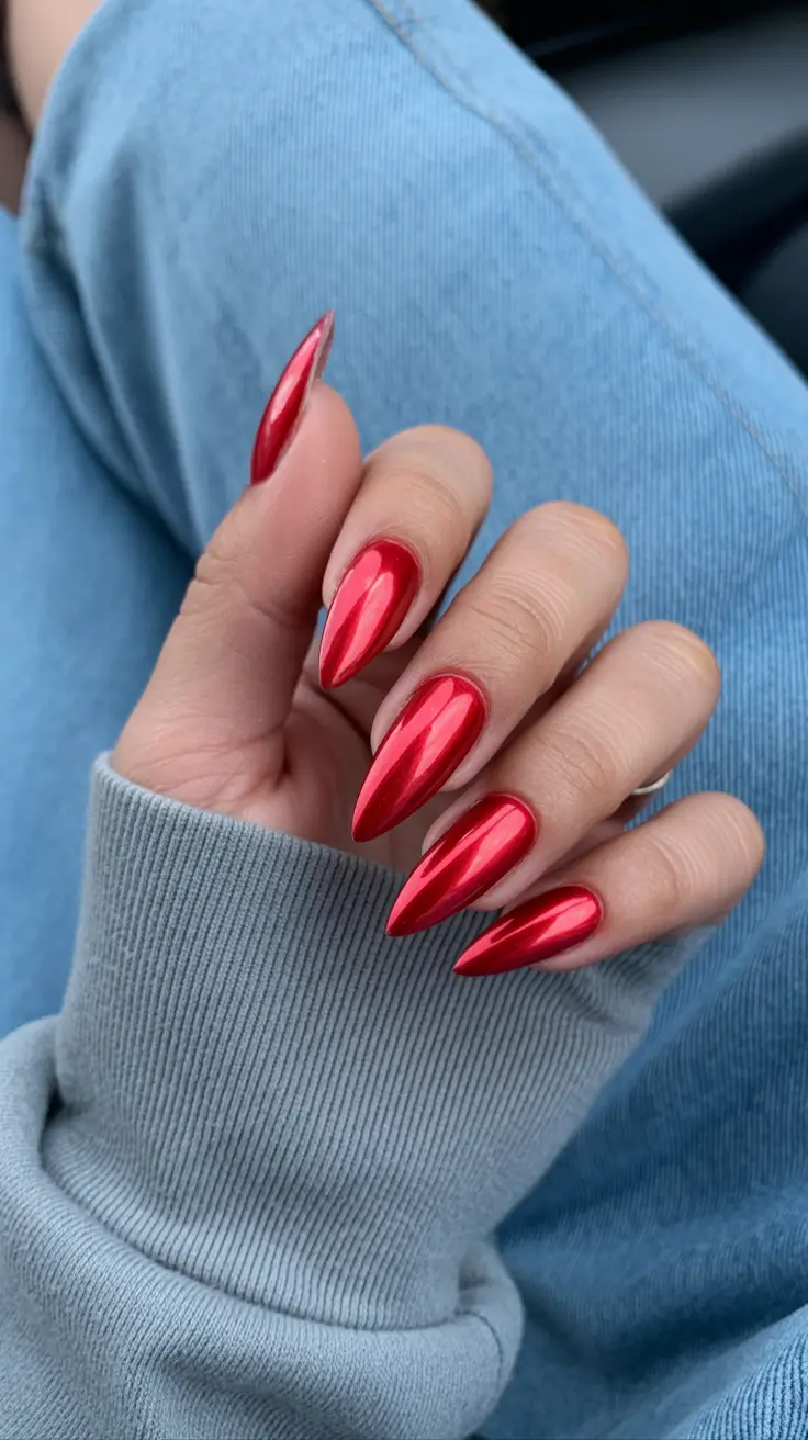 chrome nails 2026 Classic Red Chrome Stilettos