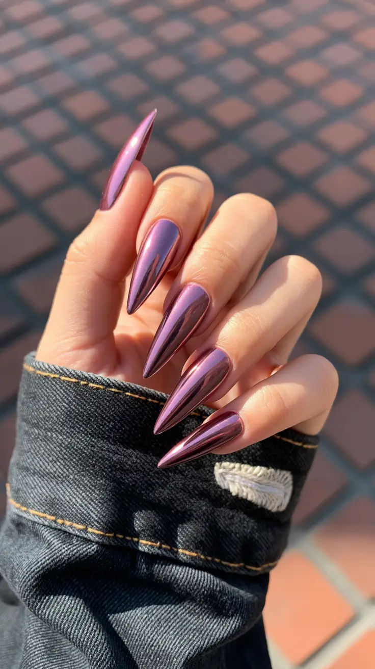 chrome nails 2026 Rosy-Plum Stilettos